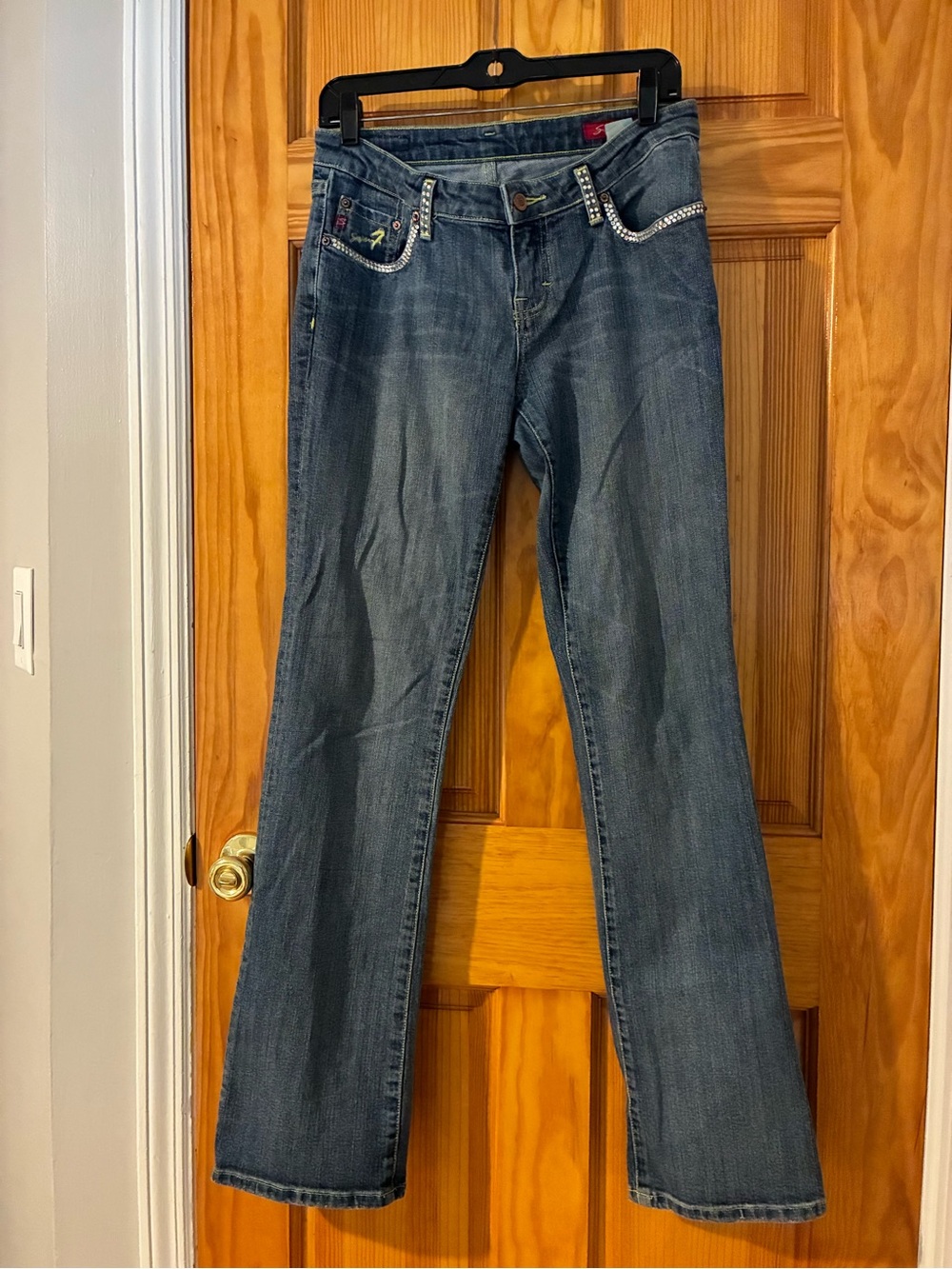 Seven7 Dark Blue Flare Jeans with Rhinestone Trim